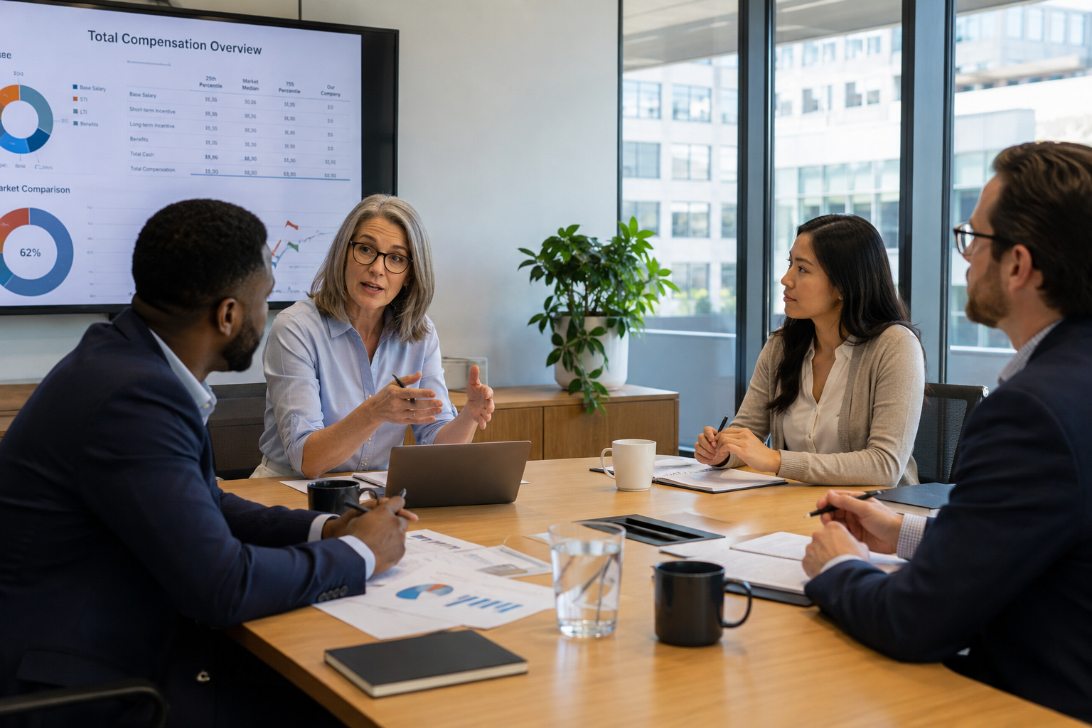 Compensation analyst presenting market percentile comparison to a leadership team during a classification and pay review