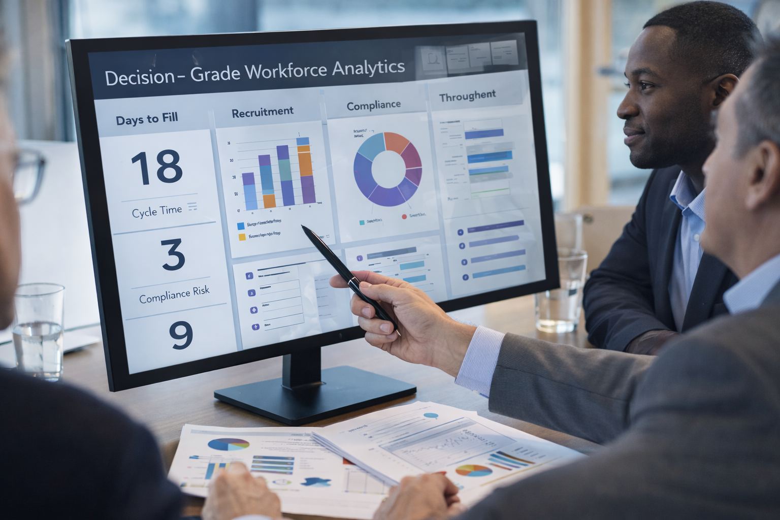 Workforce analytics dashboard displaying Days to Fill, Cycle Time, Recruitment, Compliance, and Throughput metrics on a large monitor during an HR operations review meeting